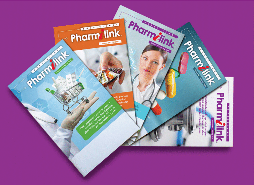Pharmilink Catalogue Covers English fanned out on purple background